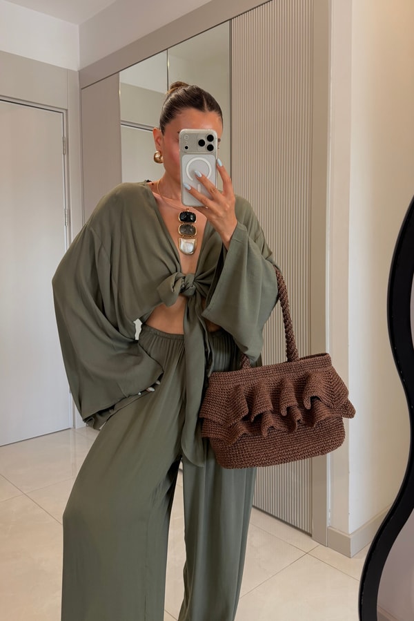 Lawren Acı Kahve Volan Detaylı Örgü El Çantası