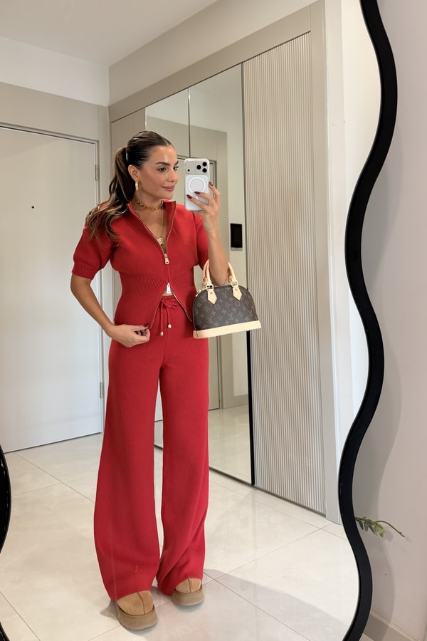 Lelia Kırmızı Fermuarlı Triko Takım