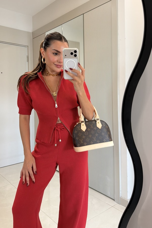 Lelia Kırmızı Fermuarlı Triko Takım