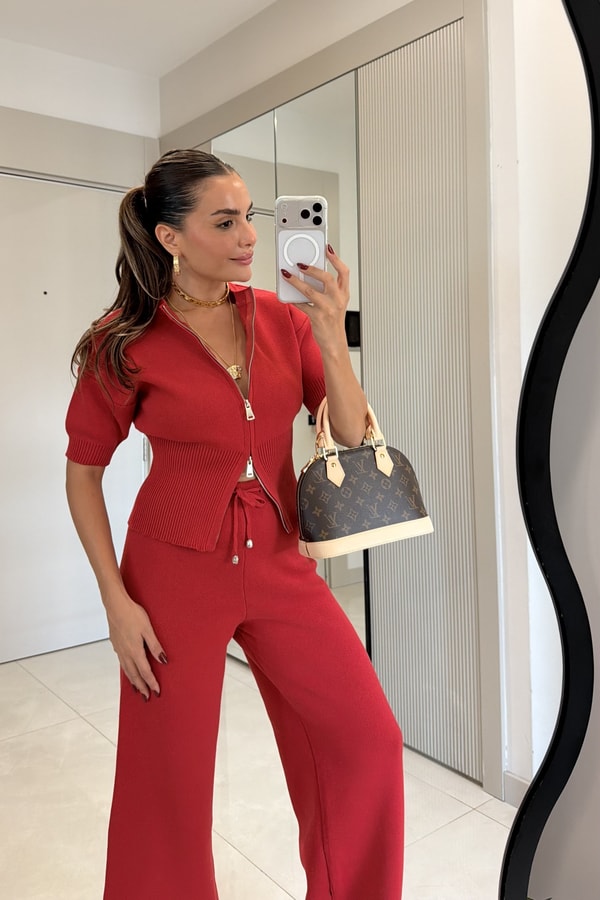 Lelia Kırmızı Fermuarlı Triko Takım