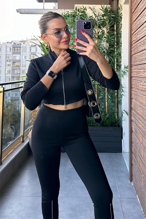 Lena Fermuarlı Streç Triko Bluz ve Tayt Takım
