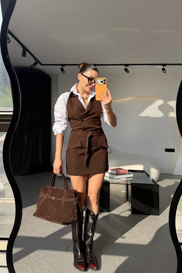 Lenko Kahve Kemerli Blazer Yaka Elbise