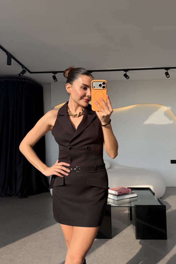 Lenko Siyah Kemerli Blazer Yaka Elbise