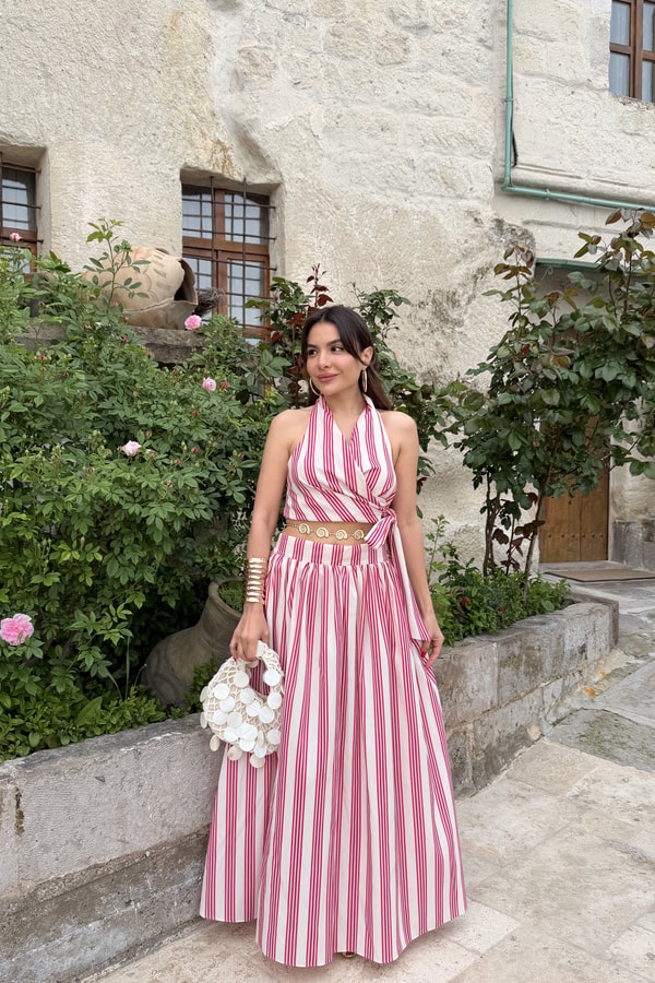 Leonardo Kırmızı Maxi Etek Crop Takım