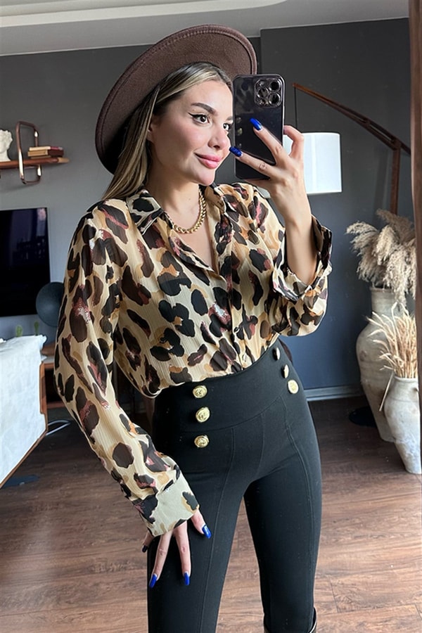 Leopar desenli ipek saten gömlek