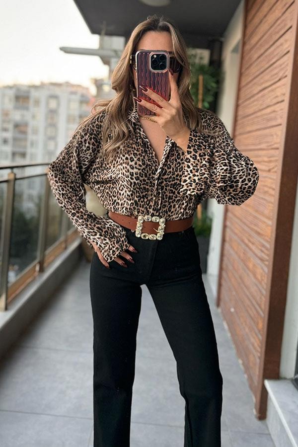 Leopar Desenli Piliseli Gömlek