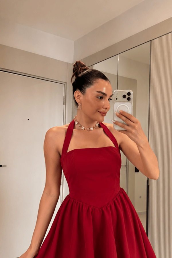 Levra Kırmızı Halter Yaka Elbise