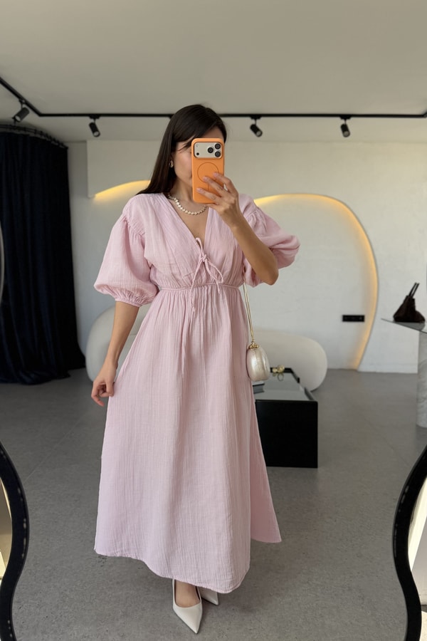 Leydia Toz Pembe Müslin Çan Elbise