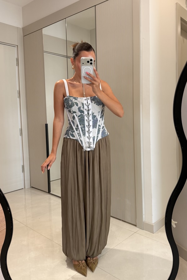 Liana Haki Saten Şalvar Pantolon