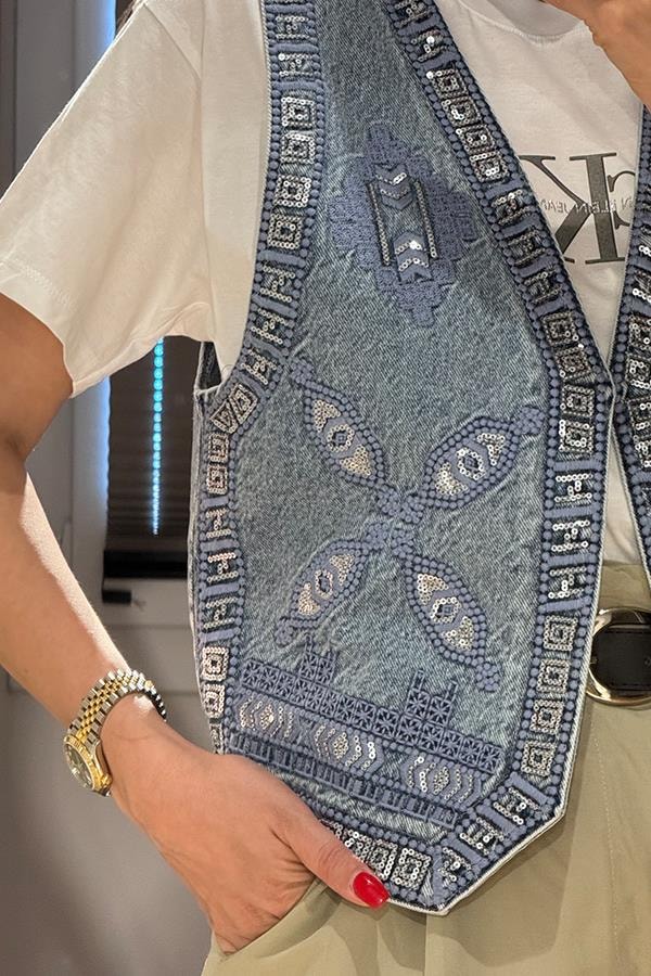Lidia Taş İşlemeli  Denim Yelek 