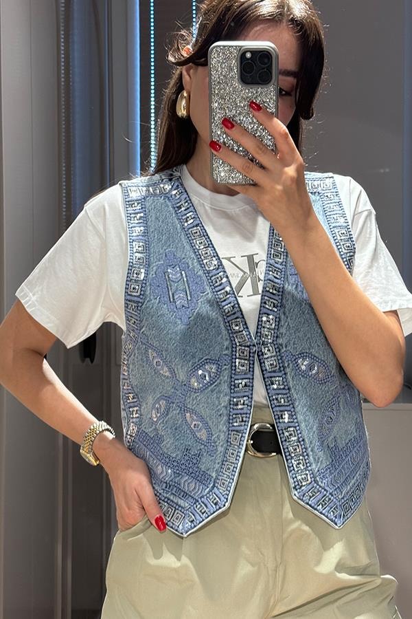 Lidia Taş İşlemeli  Denim Yelek 