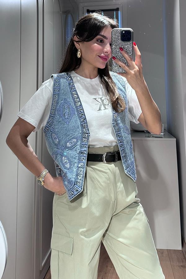 Lidia Taş İşlemeli  Denim Yelek 