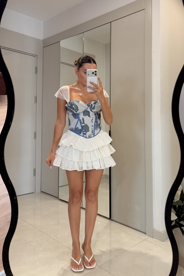 Lilie Mavi Çiçek Desen Korse Büstiyer