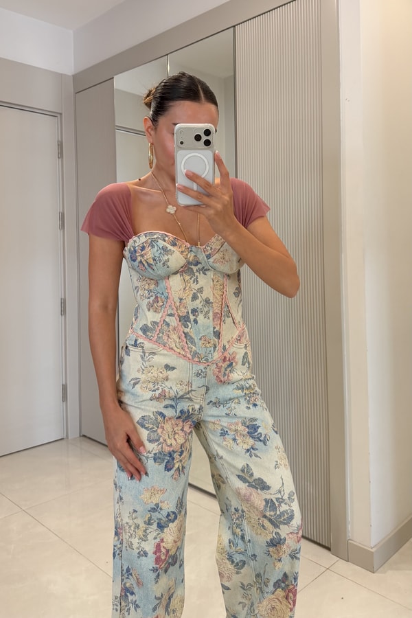 Lilie Pembe Çiçek Desen Korse Büstiyer