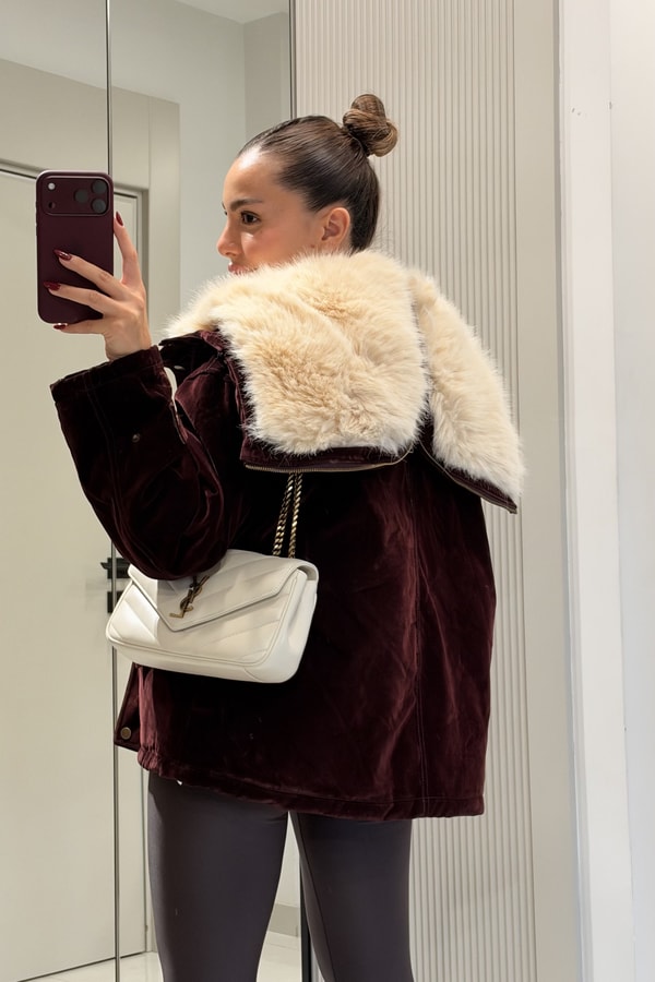 Lilly Bordo Kürk Yaka Süet Premium Mont