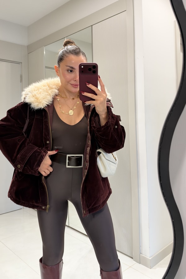Lilly Bordo Kürk Yaka Süet Premium Mont