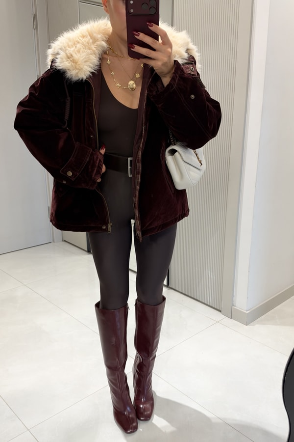 Lilly Bordo Kürk Yaka Süet Premium Mont