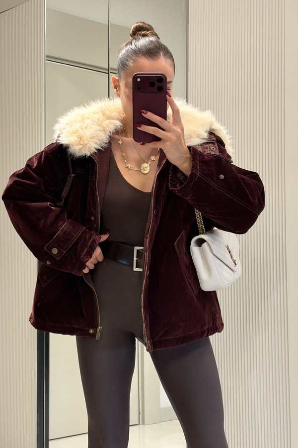 Lilly Bordo Kürk Yaka Süet Premium Mont
