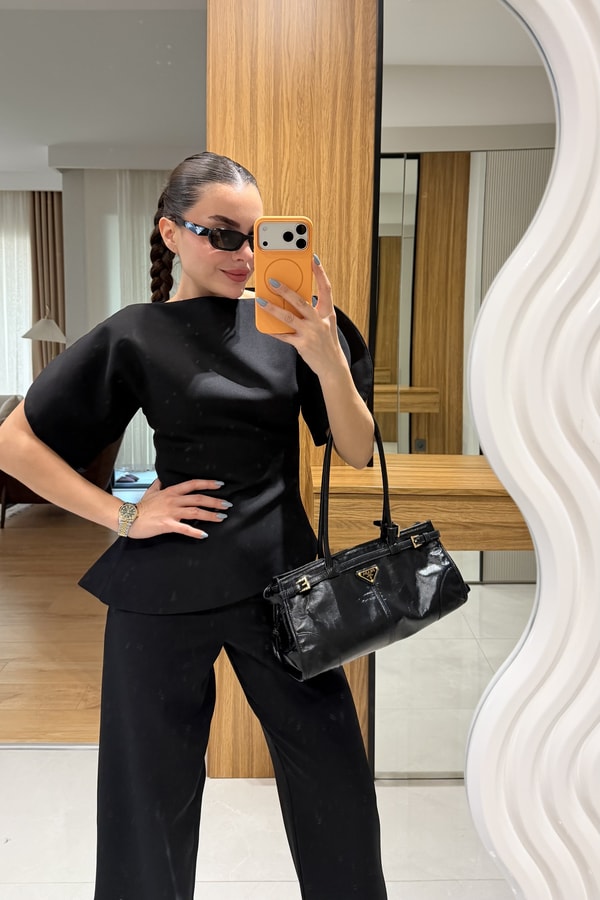Linea Siyah Balon Kol Asimetrik Bluz Pantolon Takım
