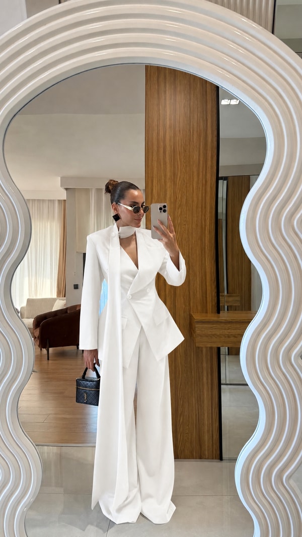 Liner Beyaz Şallı Kruvaze Ceket ve Palazzo Pantolon Premium Tasarım Takım