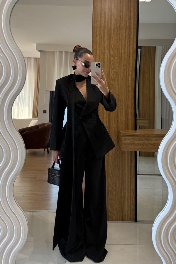 Liner Siyah Şallı Kruvaze Ceket ve Palazzo Pantolon Premium Tasarım Takım