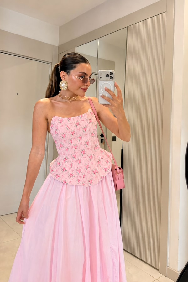 Loleta Toz Pembe Çiçekli Korse Büstiyer