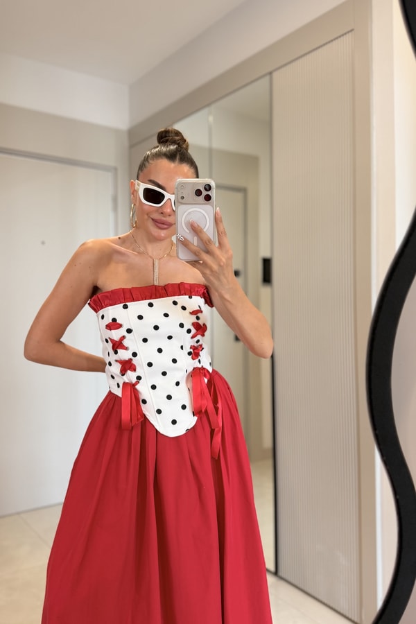 Lolita Kırmızı Kurdele Detaylı Puantiyeli Korse Büstiyer 
