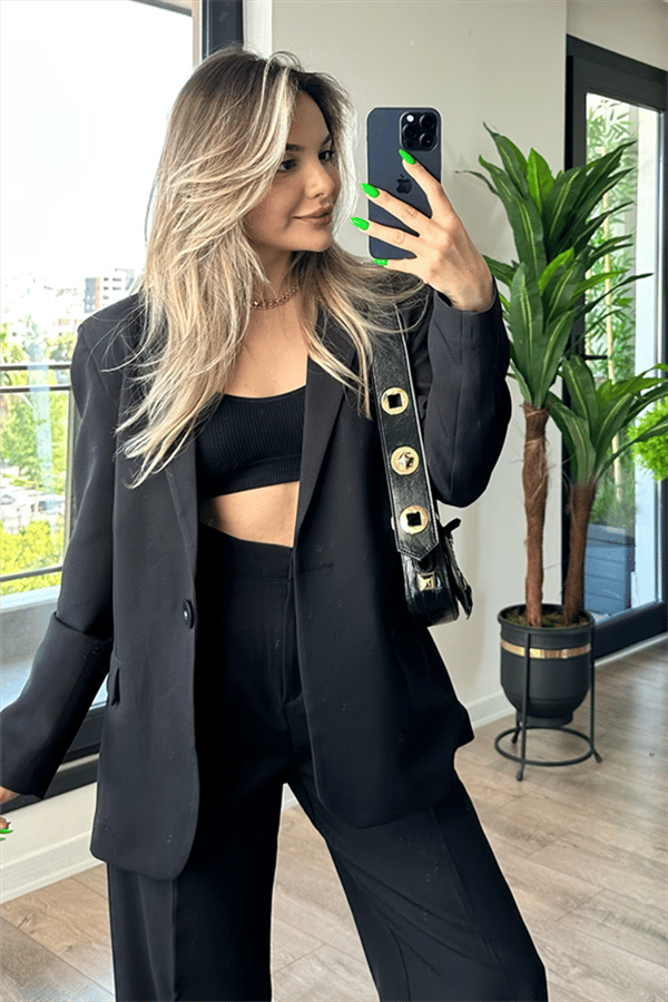 Lora siyah blazer ceketli ikili takım