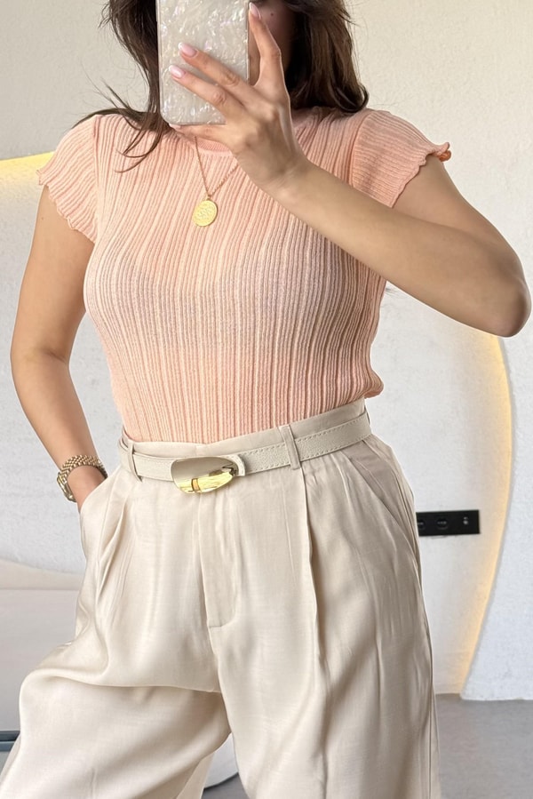 Lorena Kavuniçi Dik Yaka Fitilli Transparan Triko Bluz