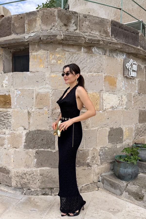 Lorena Siyah Dantelli Degaje Yaka Elbise