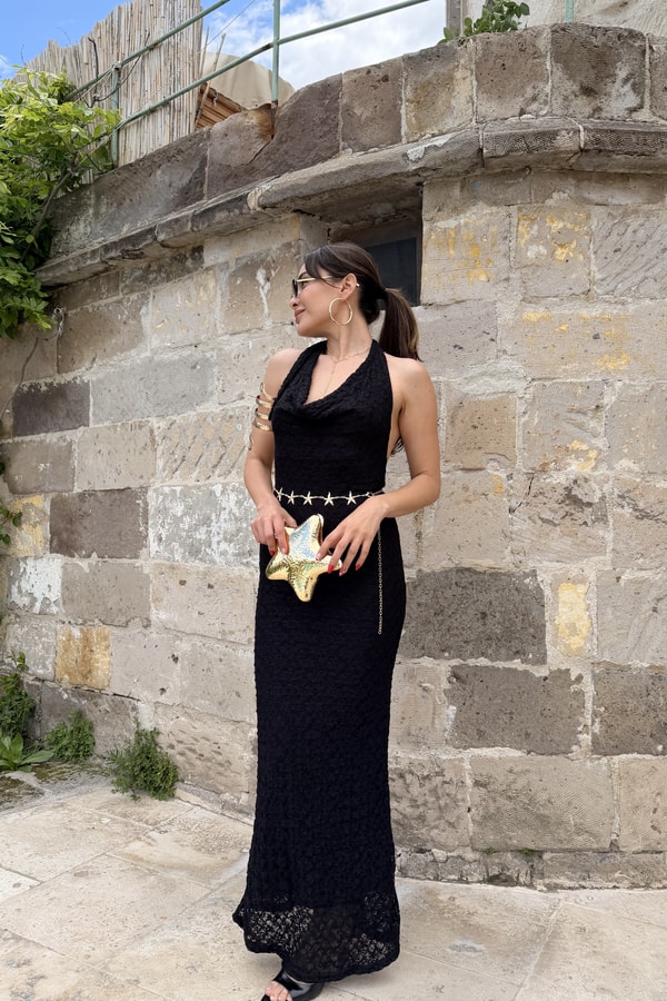 Lorena Siyah Dantelli Degaje Yaka Elbise