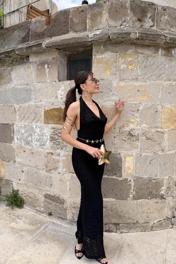 Lorena Siyah Dantelli Degaje Yaka Elbise