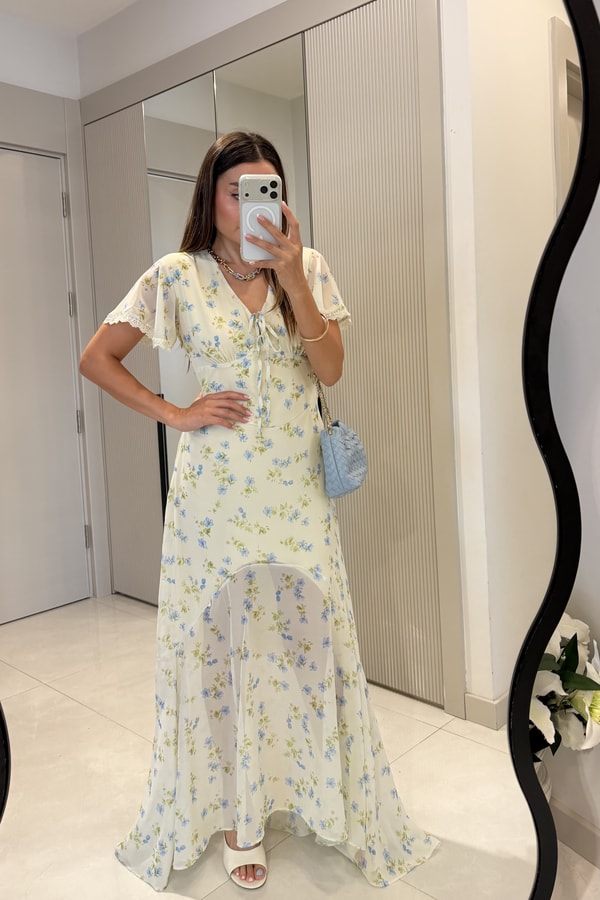 Louise Mavi Çiçek Desenli Uçuş Uçuş Maxi Elbise