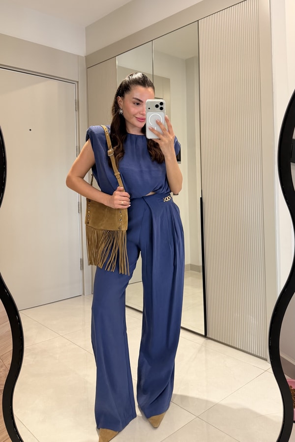 Lovej Lacivert Crop Bluz Pantolon Takım