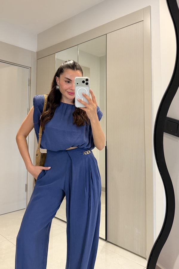 Lovej Lacivert Crop Bluz Pantolon Takım