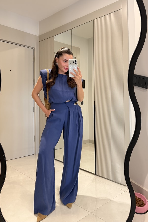Lovej Lacivert Crop Bluz Pantolon Takım
