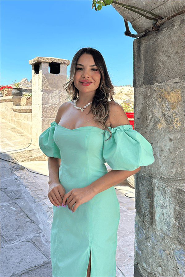Lovely sırt dekolteli midi elbise - Su yeşili