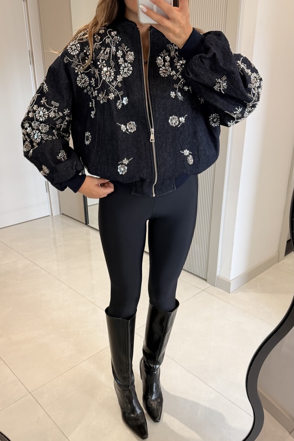 Lovia Lacivert Taş İşlemeli Bomber Ceket