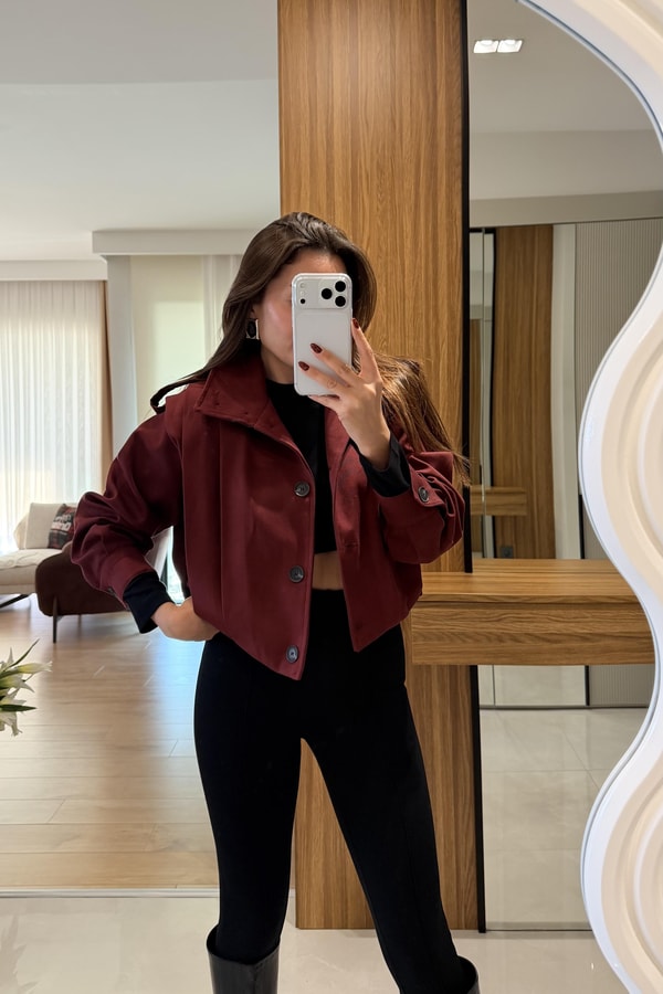 Lovin Bordo Gabardin Kısa Ceket