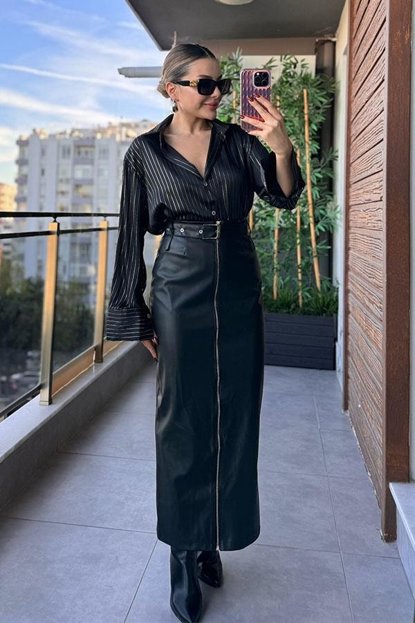 Lucenzo Fermuar ve Kemer Detaylı Deri Etek