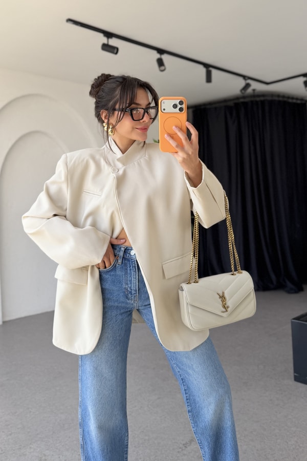 Luciana Bej Tek Düğmeli Hakim Yaka Blazer Ceket