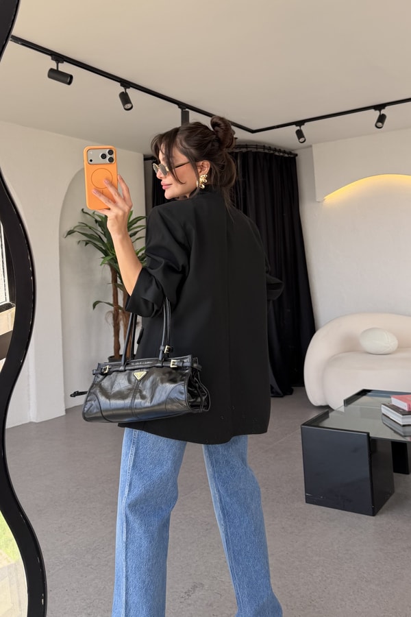 Luciana Siyah Tek Düğmeli Hakim Yaka Blazer Ceket