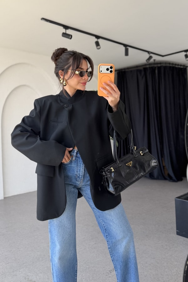 Luciana Siyah Tek Düğmeli Hakim Yaka Blazer Ceket