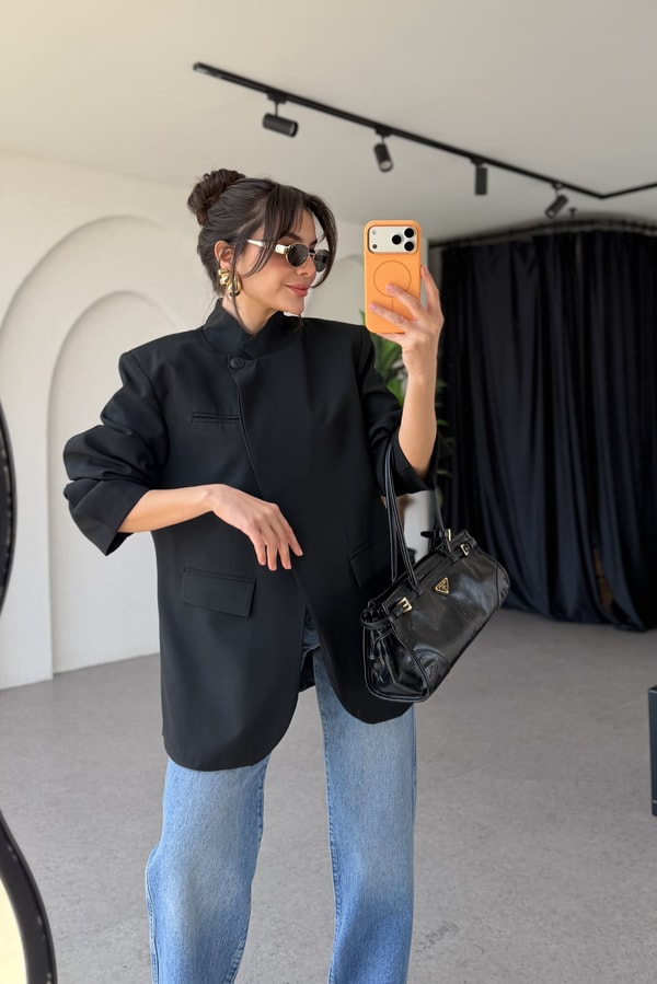Luciana Siyah Tek Düğmeli Hakim Yaka Blazer Ceket
