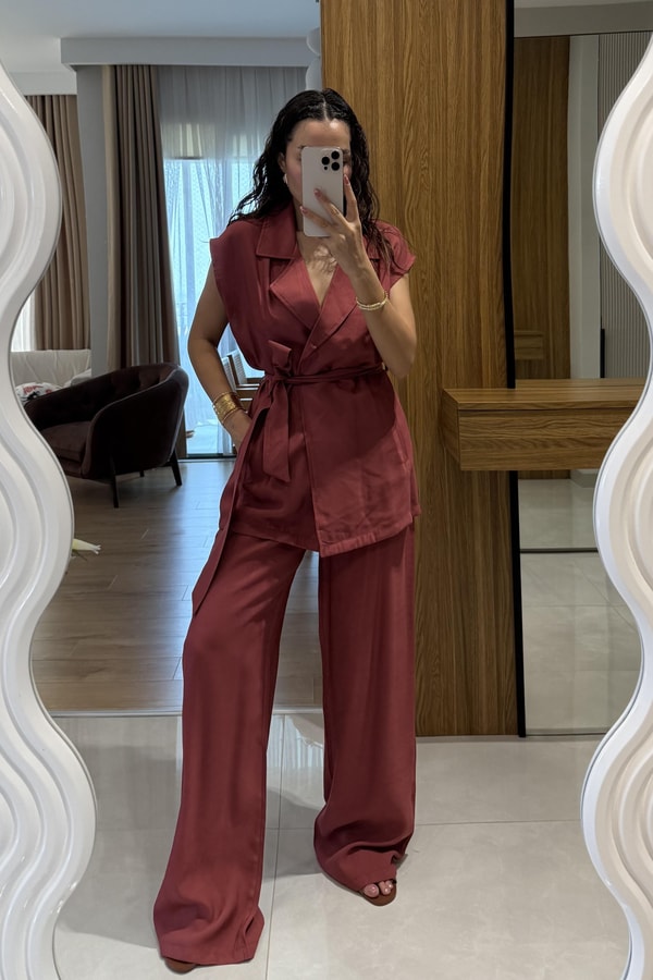 Lucie Bordo Kuşaklı Yelekli Takım