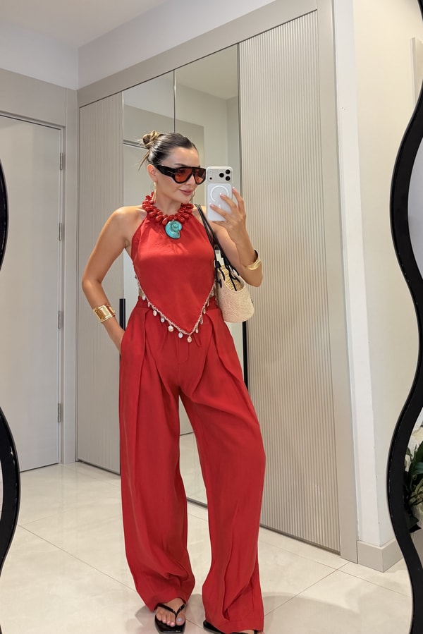 Lucienne Kırmızı Boncuk Detaylı Halter Yaka Takım