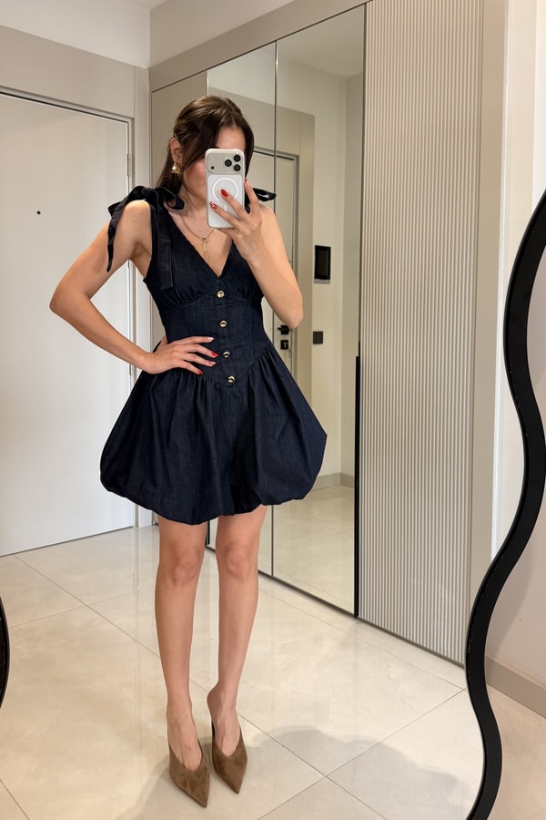 Luniva Darkblue Denim Balon Elbise