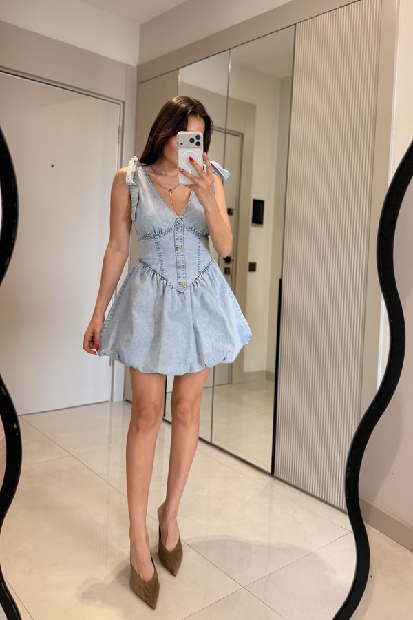 Luniva Lightblue Denim Balon Elbise