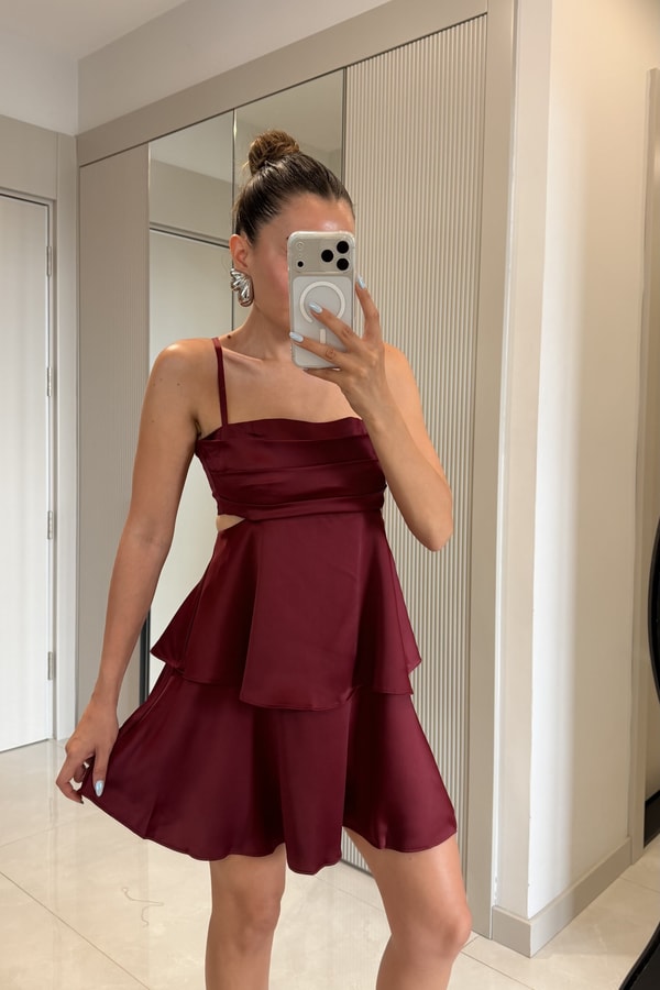 Maddy Bordo Kat Kat Saten Elbise