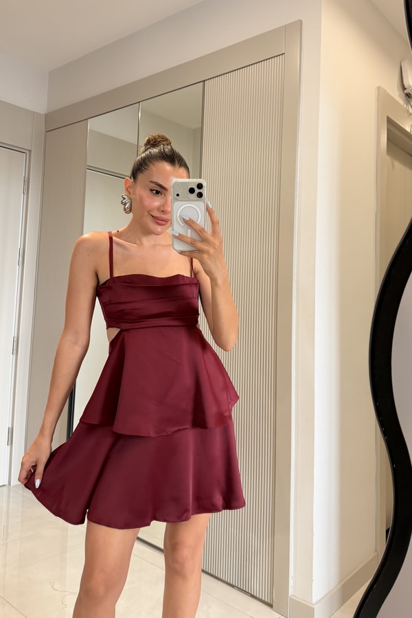 Maddy Bordo Kat Kat Saten Elbise